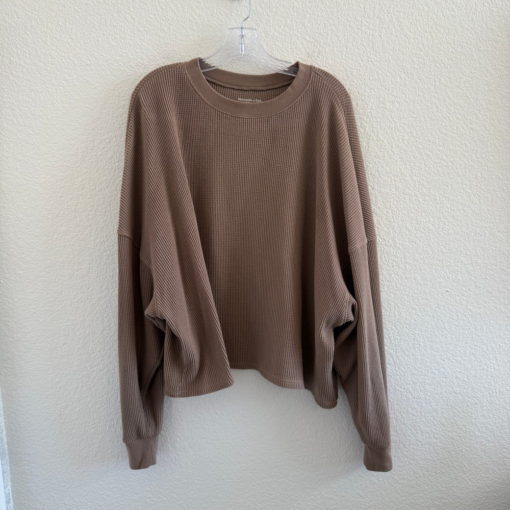 Abercrombie & Fitch Essentials Brown Waffle Knit Oversized Boxy Crewneck